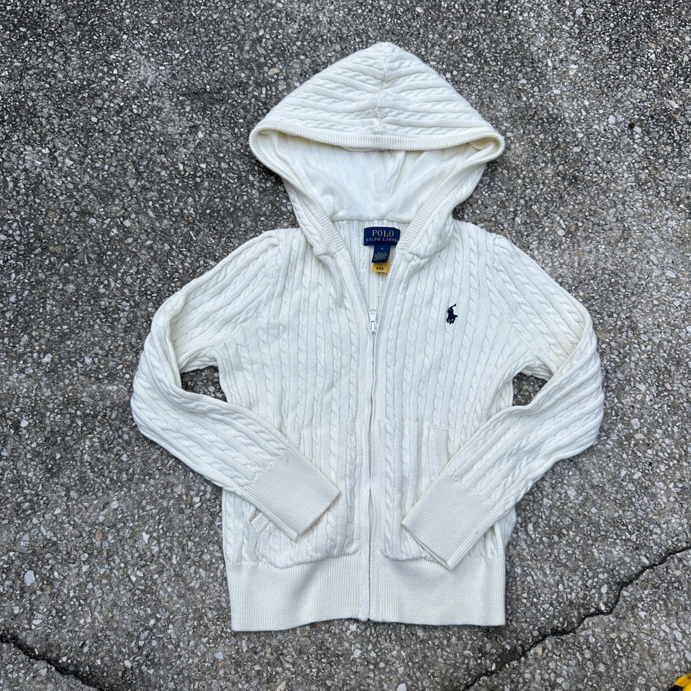Polo Ralph Lauren Kids Cream White Cable Knit Zip Up Hoodie Sweater Size 6